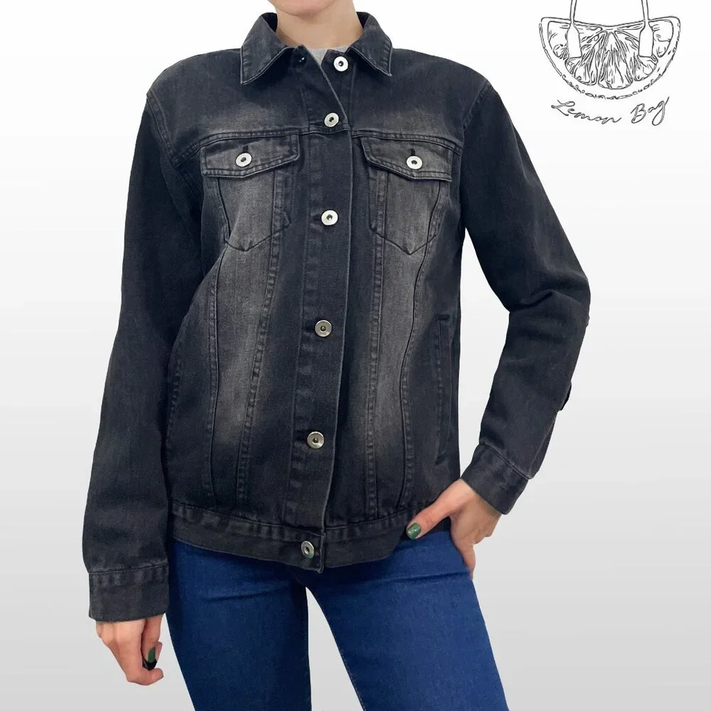 Love Tree / Jean Jacket Decor on the Back/ Black Grey / Size S - Picture 3 of 8